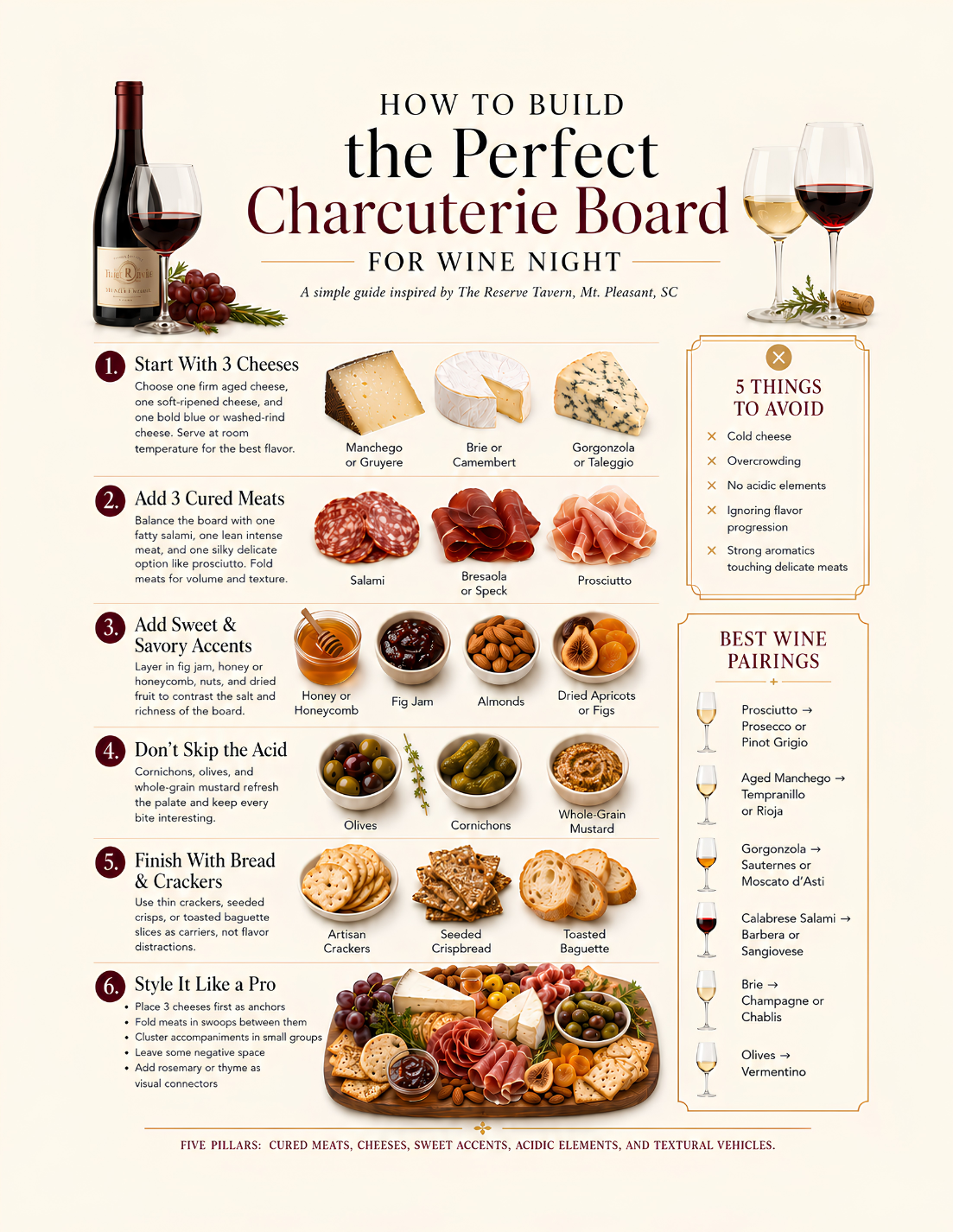Step-by-step charcuterie board guide with wine pairings